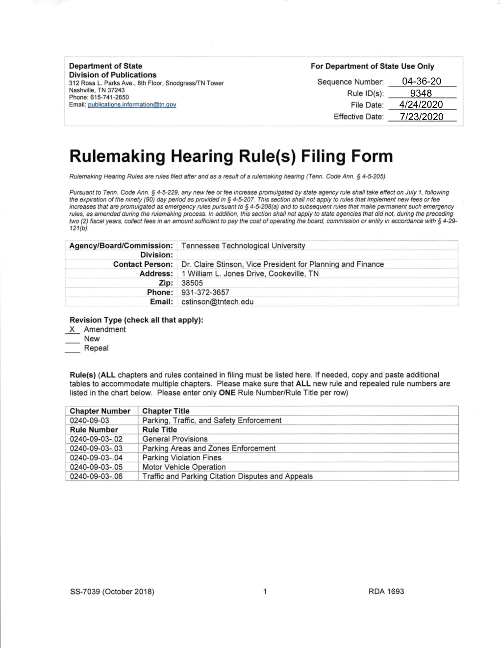 Rulemaking Hearing Rule{S) Filing Form