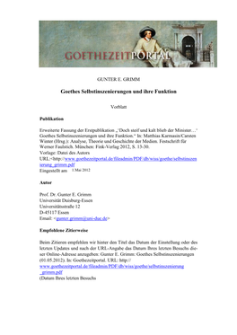 Goethes Selbstinszenierungen Und Ihre Funktion