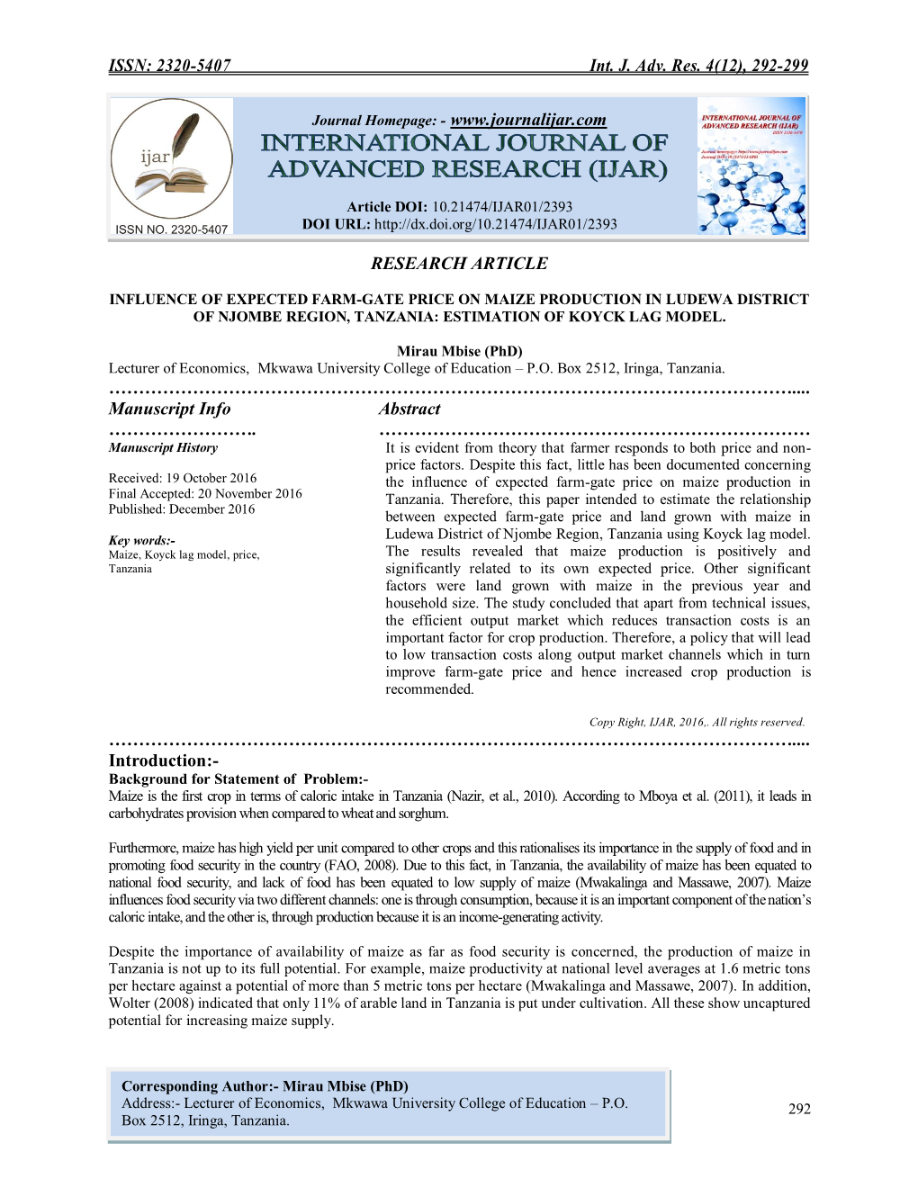 Influence of Expected Farm-Gate Price on Maize Production in Ludewa District of Njombe Region, Tanzania: Estimation of Koyck Lag Model