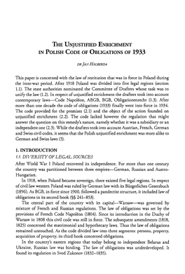 The Unjustified Enrichment in Polish Code of Obligations of 1933