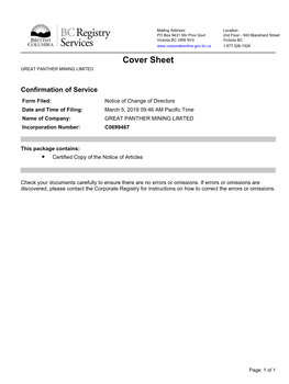 Cover Sheet GREAT PANTHER MINING LIMITED