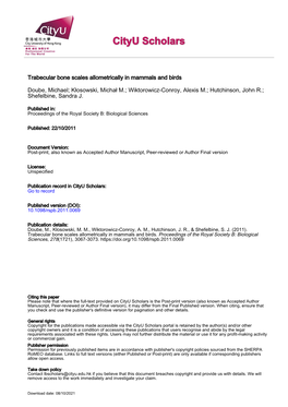 Trabecular Bone Scales Allometrically in Mammals and Birds Doube, Michael