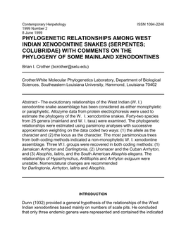 Phylogenetic Relationships Among West Indian Xenodontine Snakes (Serpentes; Colubridae) with Comments on the Phylogeny of Some Mainland Xenodontines