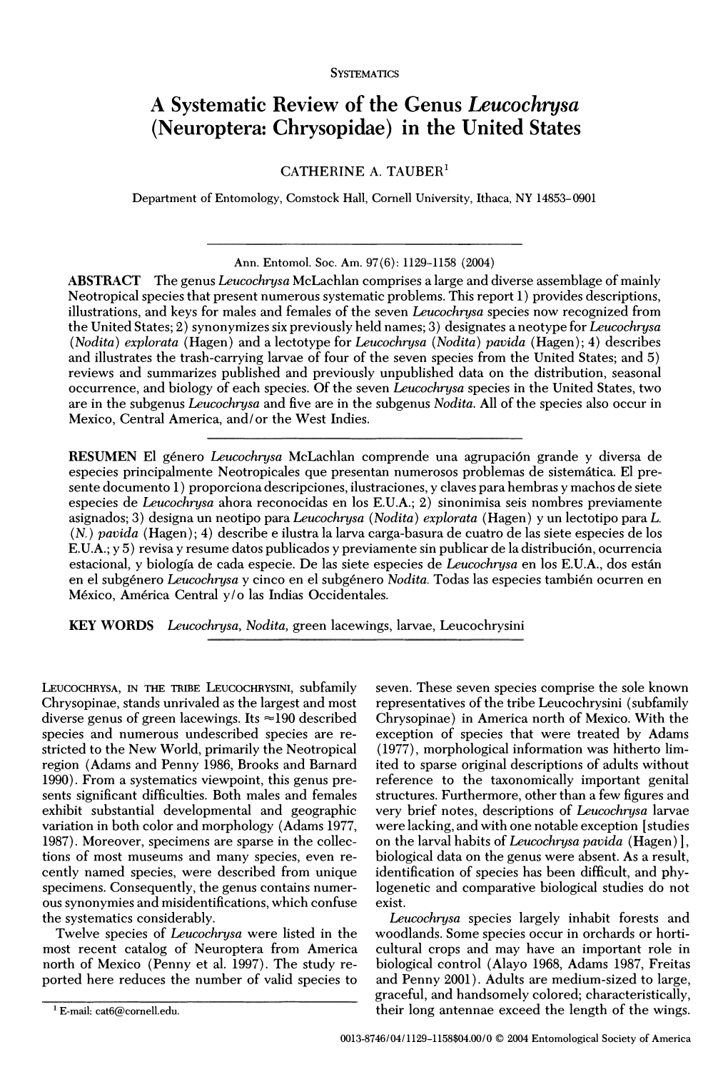 A Systematic Review of the Genus Leucochrysa (Neuroptera: Chrysopidae) in the United States