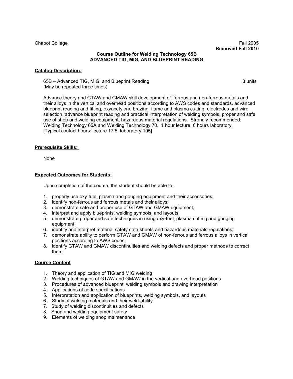 Course Outline for Welding Technology 65B, Page 2