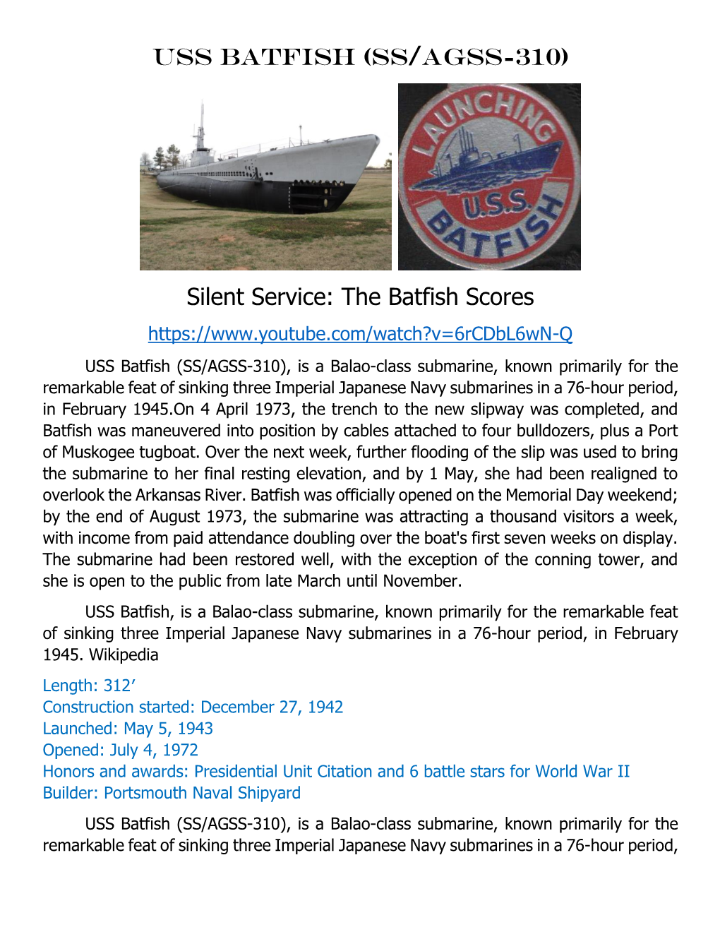 USS Batfish (SS/AGSS-310) Silent Service: the Batfish Scores
