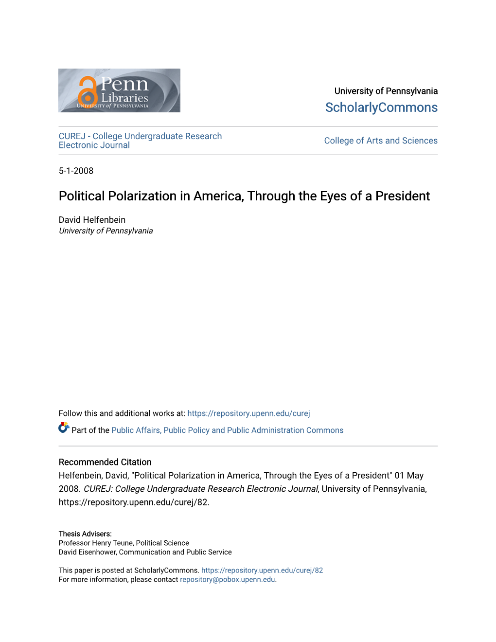 Political Polarization in America, Through the Eyes of a President