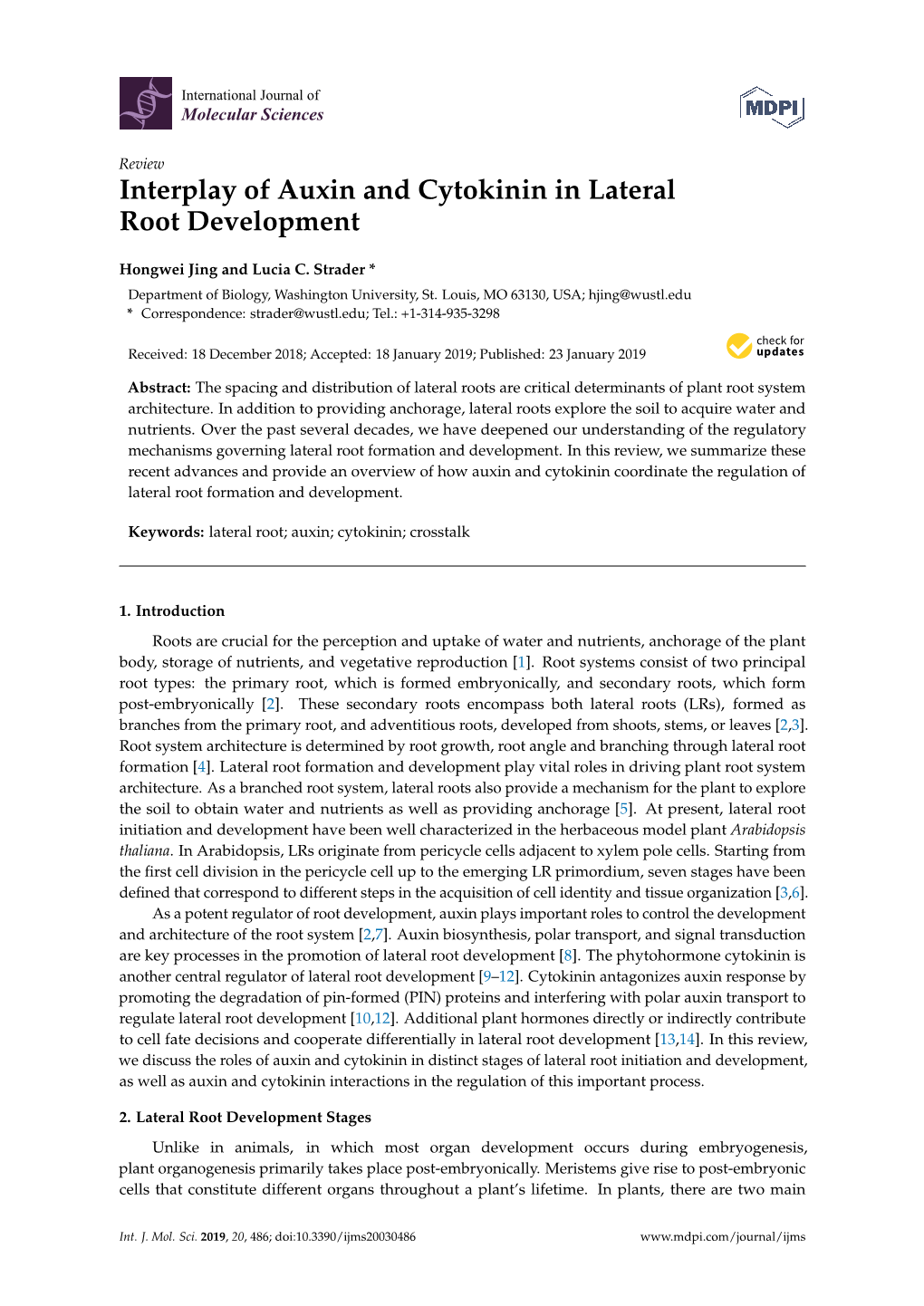 Interplay of Auxin and Cytokinin in Lateral Root Development