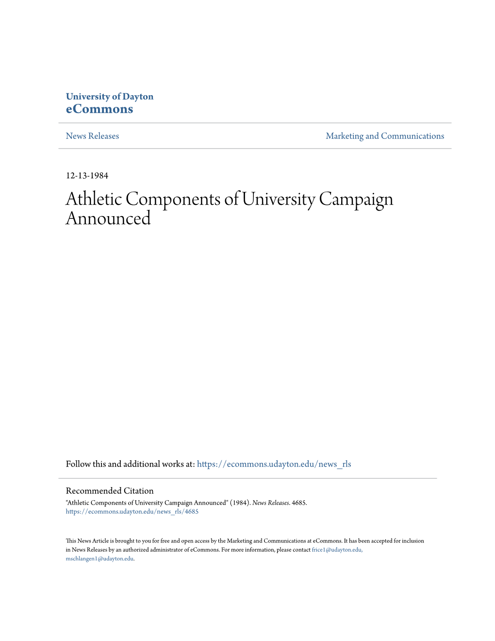 Athletic Components of University Campaign Announced