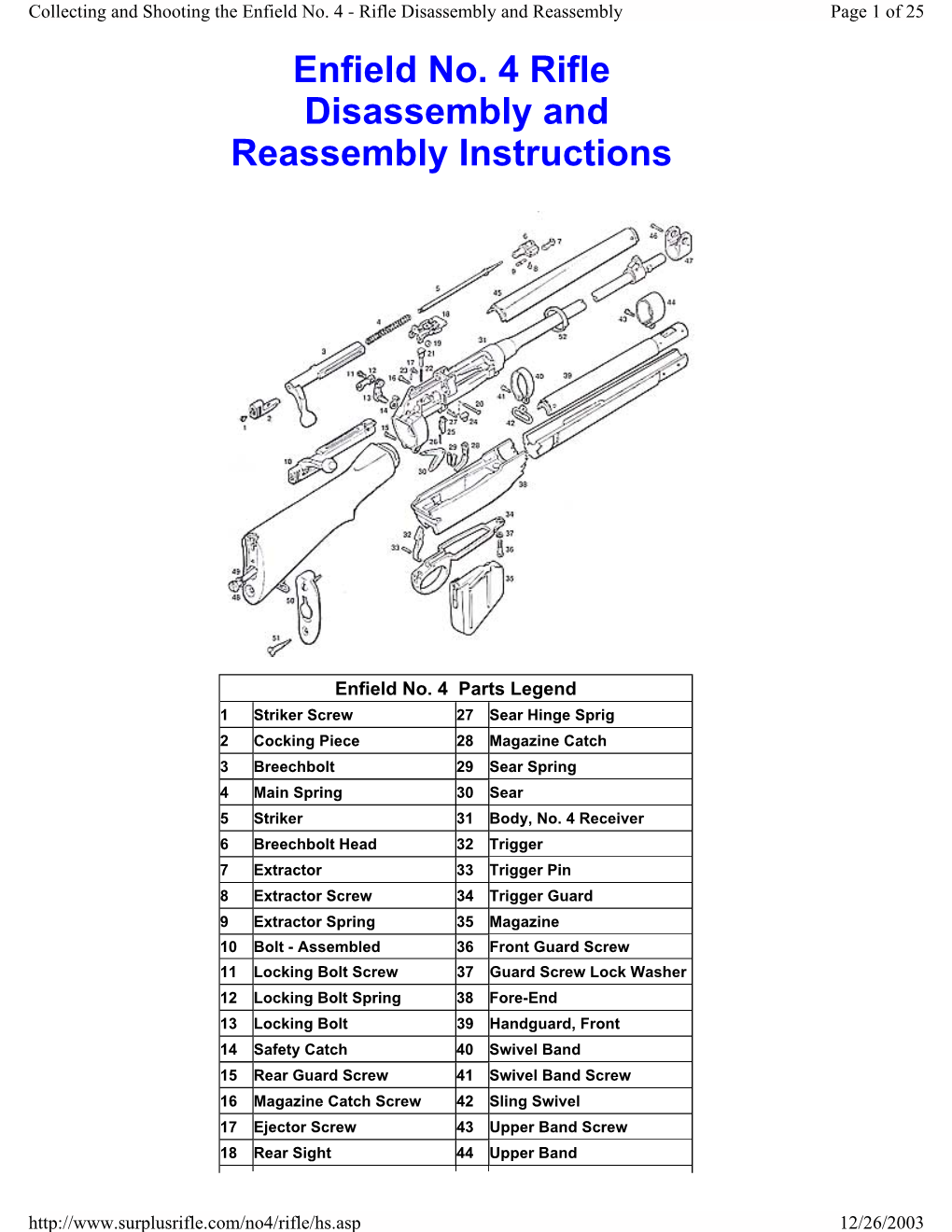 Enfield No. 4 Rifle Disassembly and Reassembly Instructions