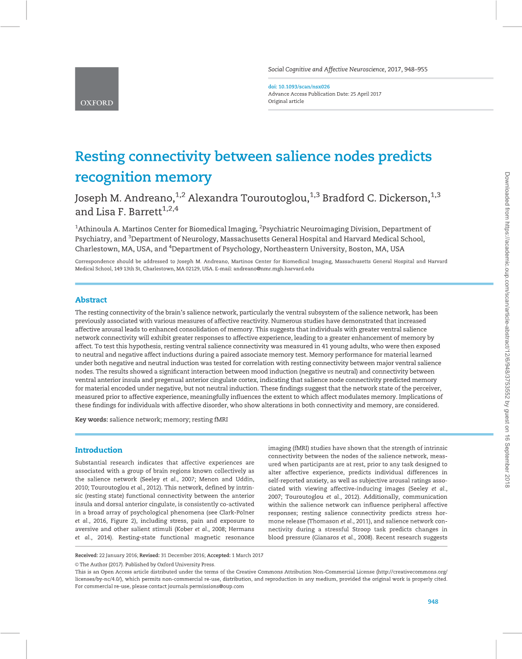 Resting Connectivity Between Salience Nodes Predicts Recognition Memory