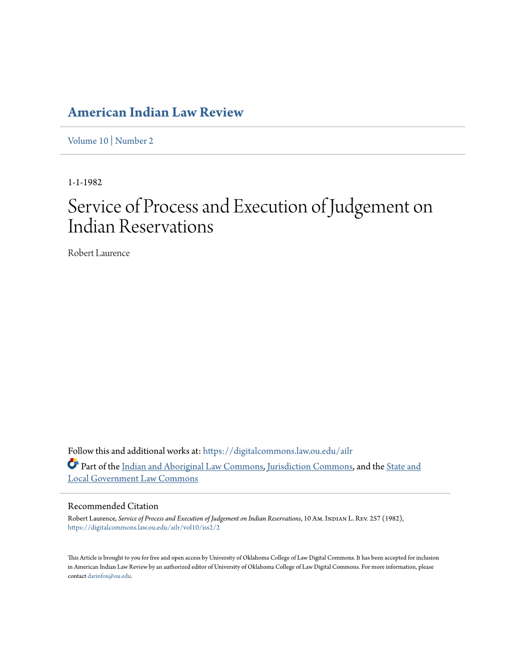 Service of Process and Execution of Judgement on Indian Reservations Robert Laurence