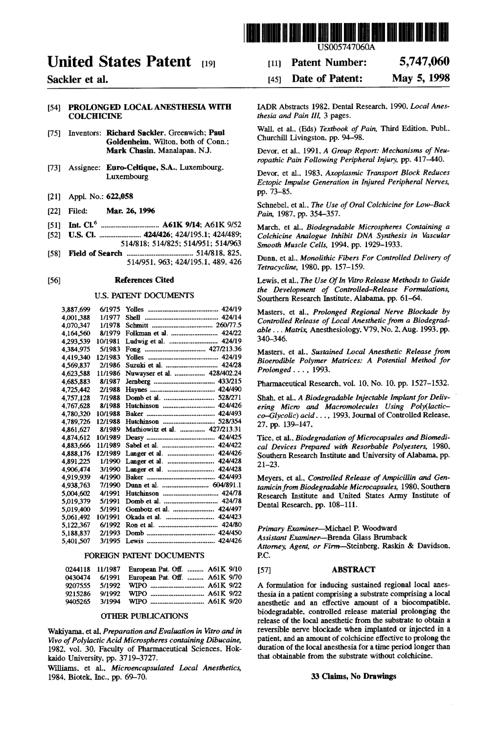 United States Patent (19) 11 Patent Number: 5,747,060 Sackler Et Al