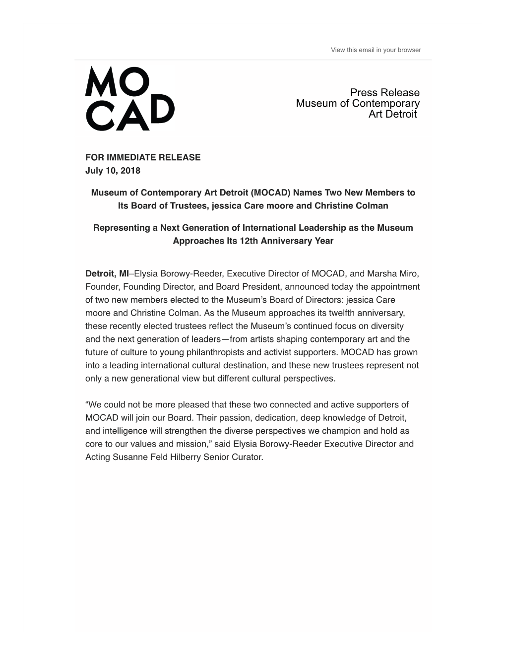 Press Release Museum of Contemporary Art Detroit