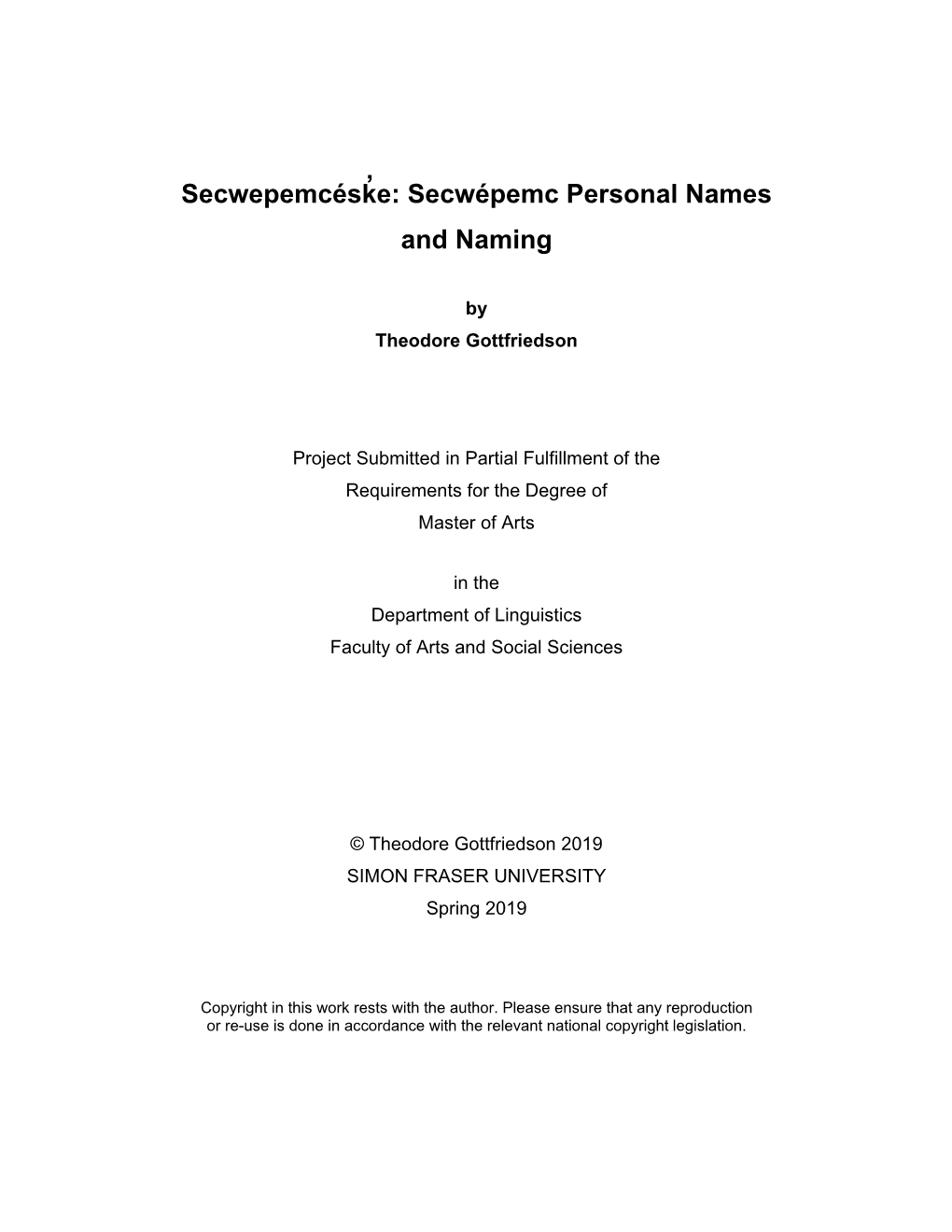 Secwepemcésk ̓ E: Secwépemc Personal Names and Naming