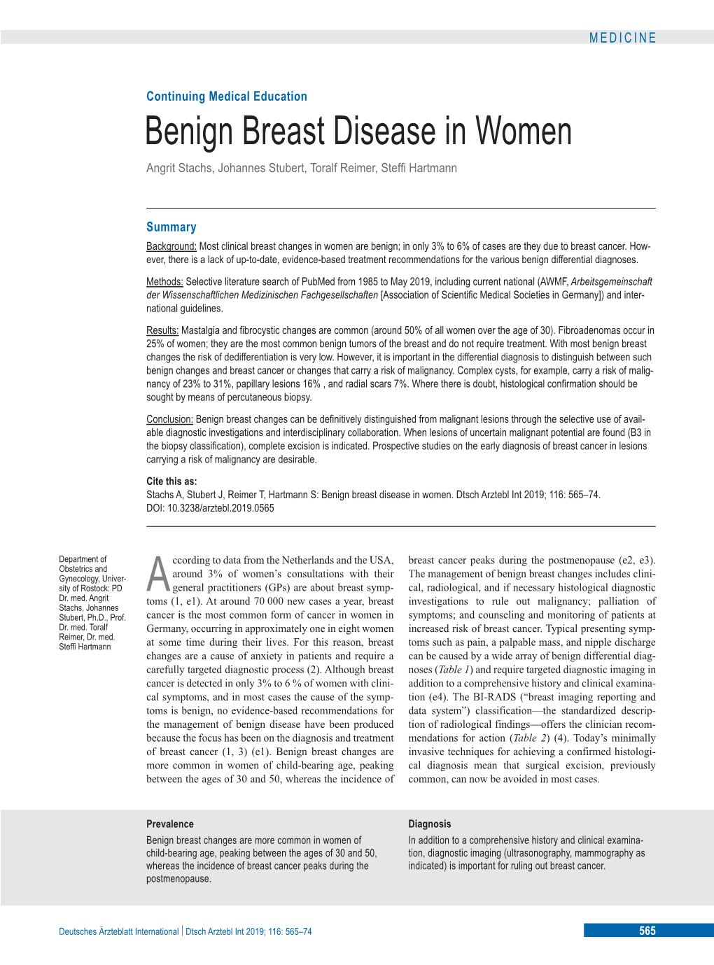 Benign Breast Disease in Women Angrit Stachs, Johannes Stubert, Toralf Reimer, Steffi Hartmann