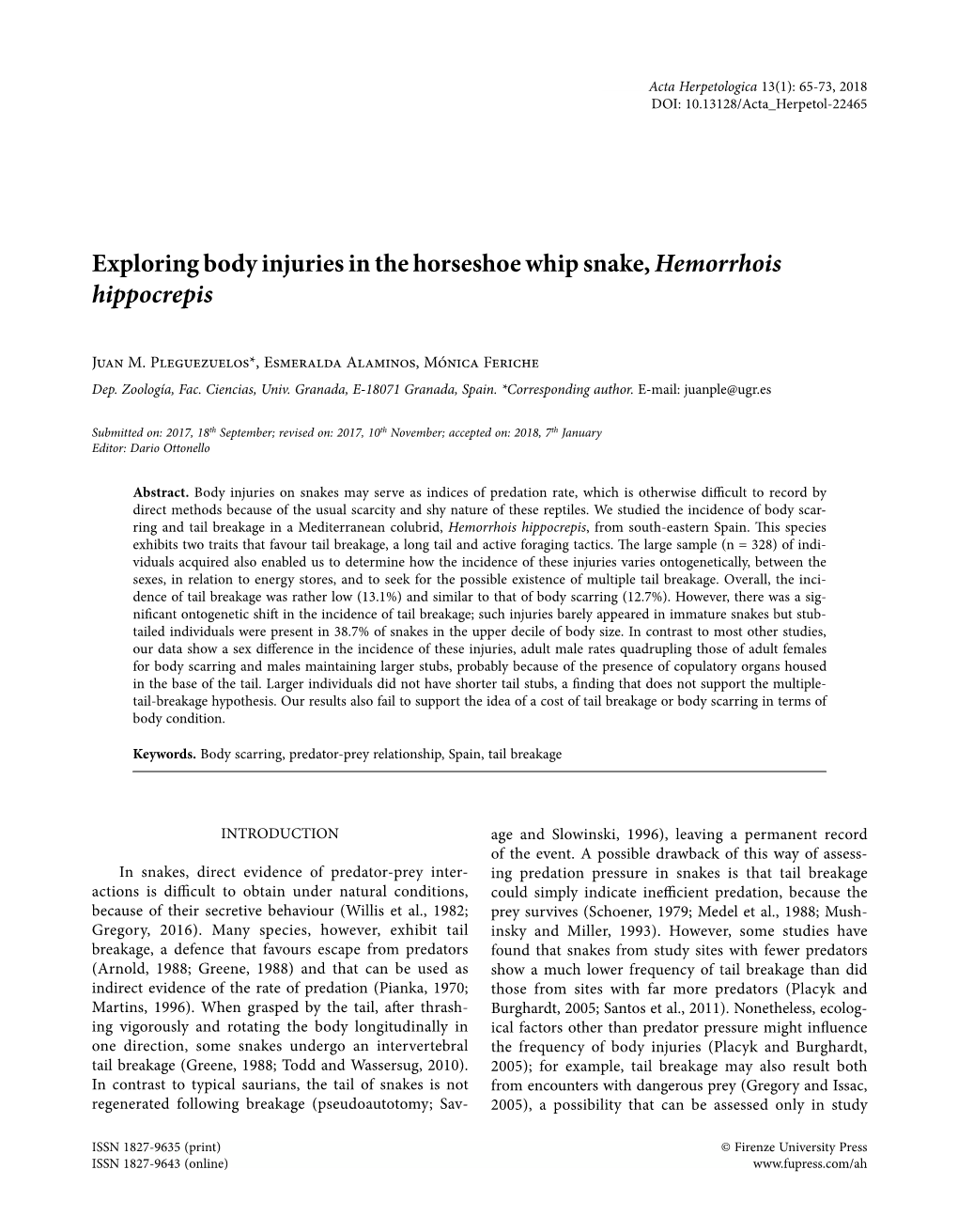 Exploring Body Injuries in the Horseshoe Whip Snake, Hemorrhois Hippocrepis