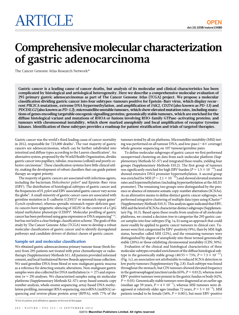 Comprehensive Molecular Characterization of Gastric Adenocarcinoma