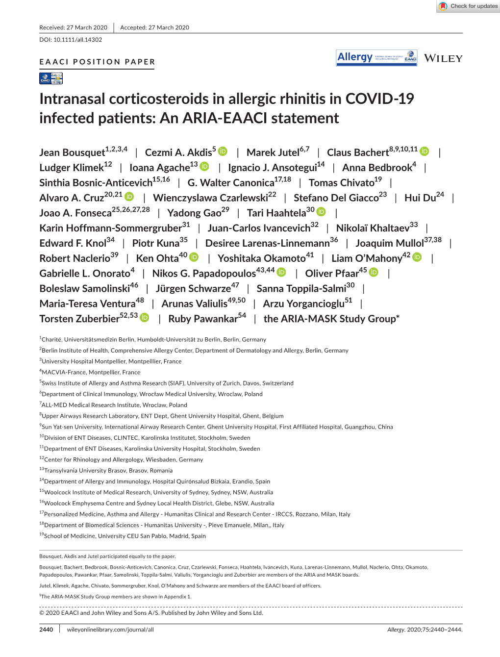 Intranasal Corticosteroids in Allergic Rhinitis in COVID‐19 Infected Patients