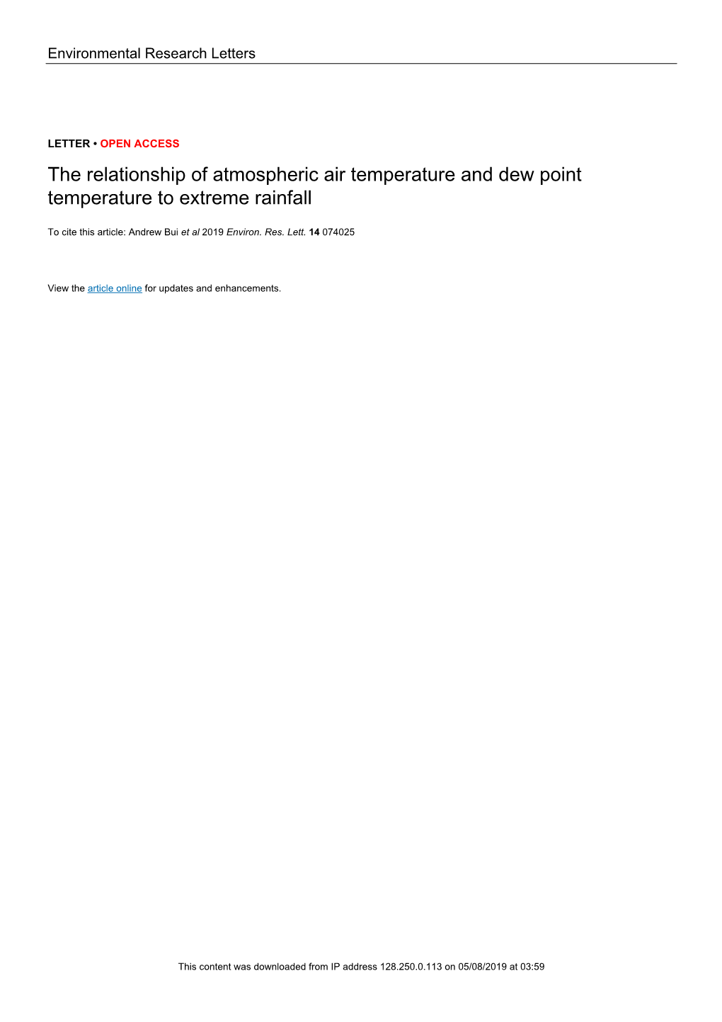 The Relationship of Atmospheric Air Temperature and Dew Point Temperature to Extreme Rainfall