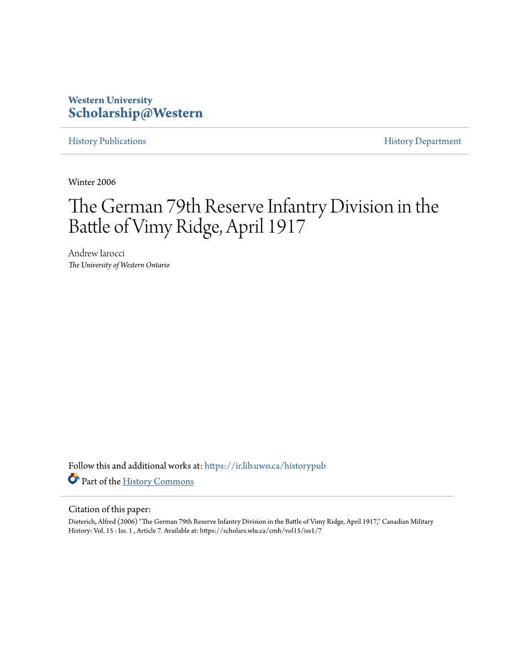The German 79Th Reserve Infantry Division in the Battle of Vimy Ridge, April 1917