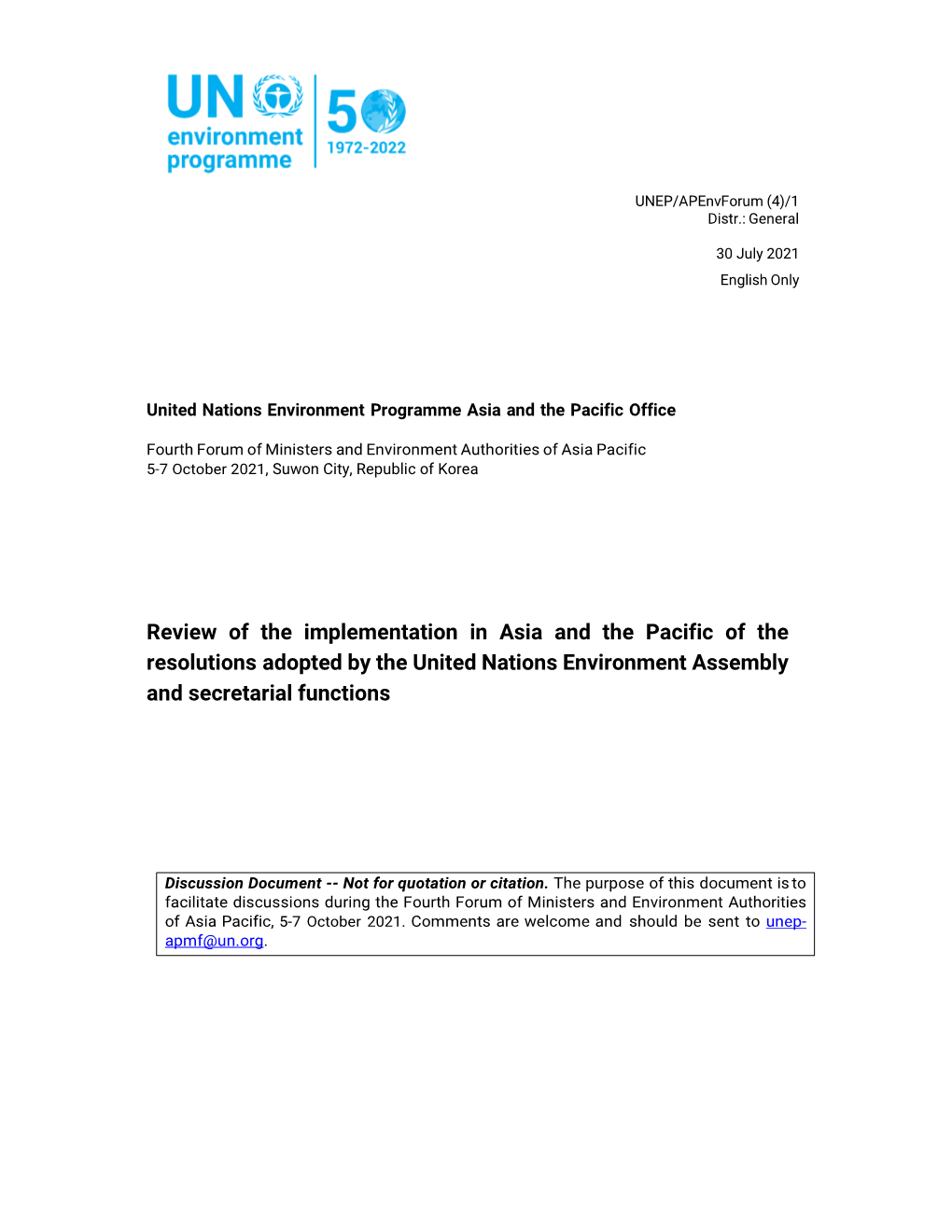 Review of the Implementation in Asia and the Pacific of the Resolutions Adopted by the United Nations Environment Assembly and Secretarial Functions