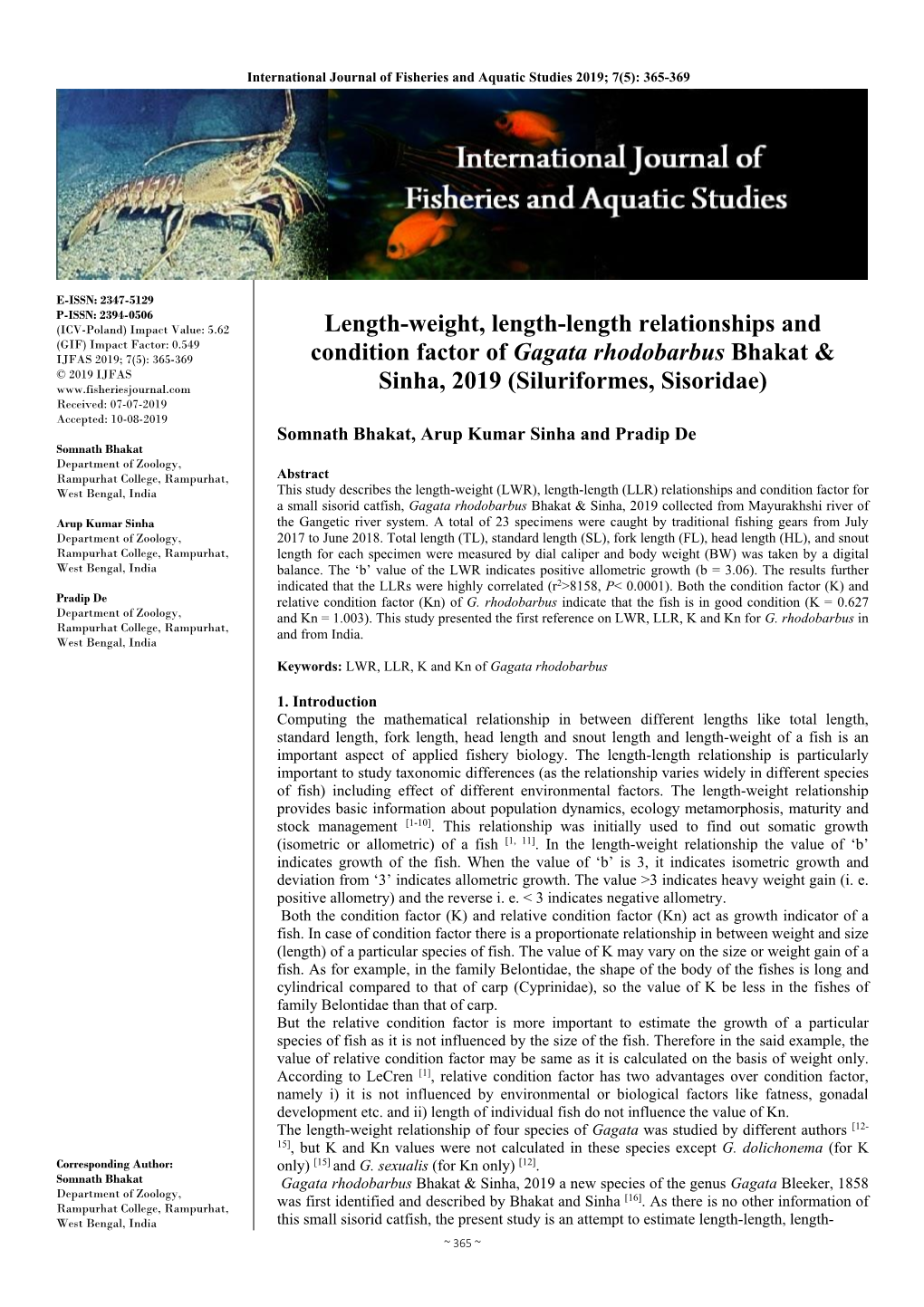 Length-Weight, Length-Length Relationships and Condition Factor of Gagata Rhodobarbus Bhakat & Sinha, 2019 (Siluriformes, Si