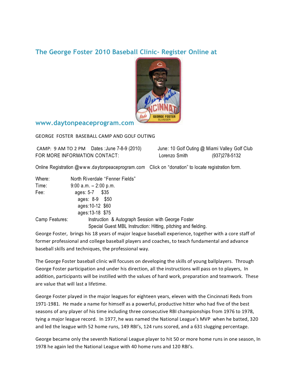 The George Foster 2010 Baseball Clinic- Register Online At