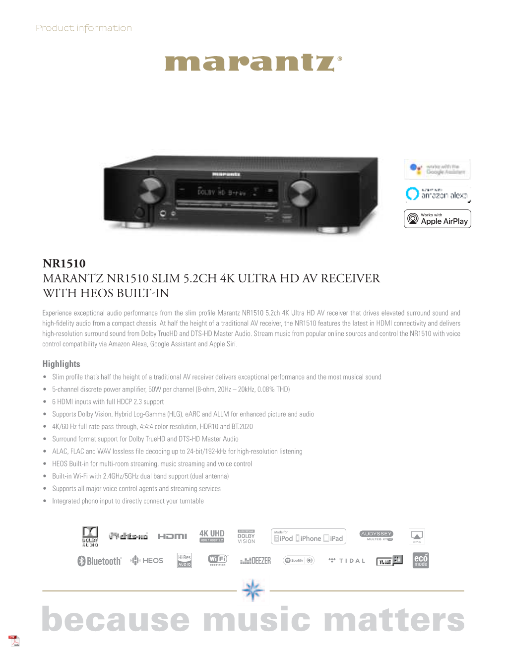 Marantz Marantz Nr1510 Slim 5.2Ch 4K Ultra Hd Av Receiver with Heos