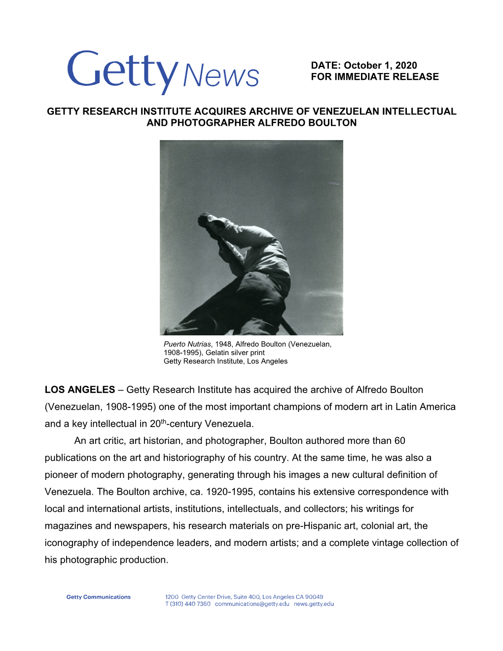 October 1, 2020 for IMMEDIATE RELEASE GETTY RESEARCH