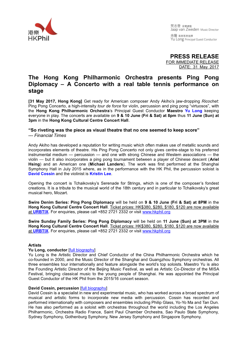 PRESS RELEASE the Hong Kong Philharmonic Orchestra Presents