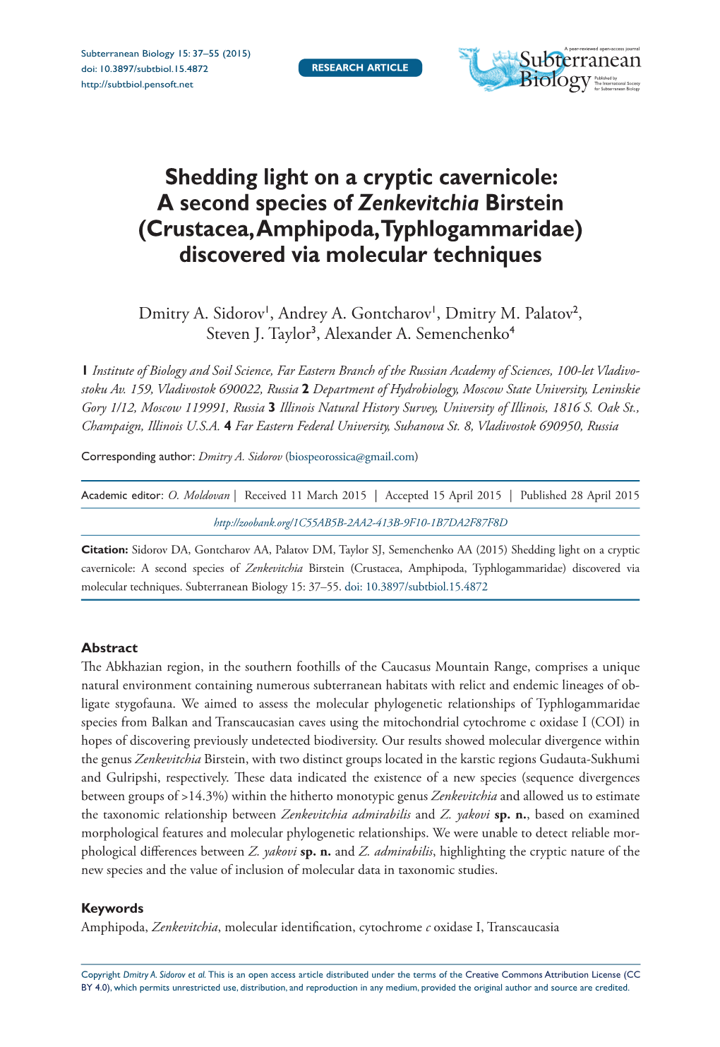 Shedding Light on a Cryptic Cavernicole: a Second Species of Zenkevitchia Birstein (Crustacea, Amphipoda, Typhlogammaridae) Discovered Via Molecular Techniques