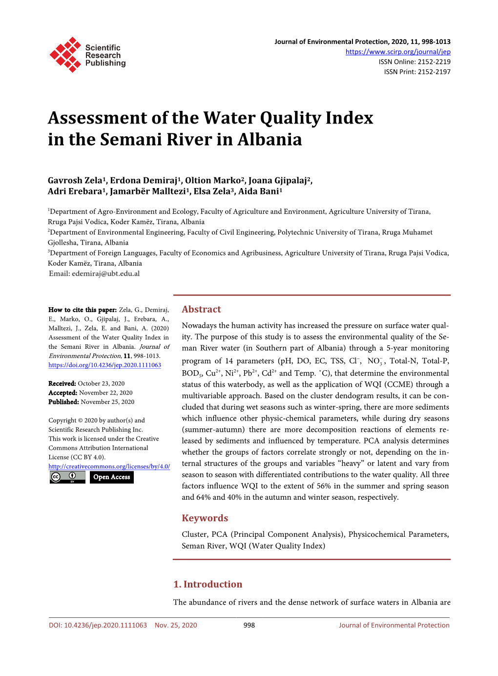 Assessment of the Water Quality Index in the Semani River in Albania