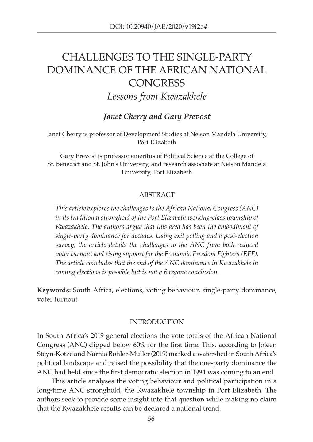 CHALLENGES to the SINGLE-PARTY DOMINANCE of the AFRICAN NATIONAL CONGRESS Lessons from Kwazakhele