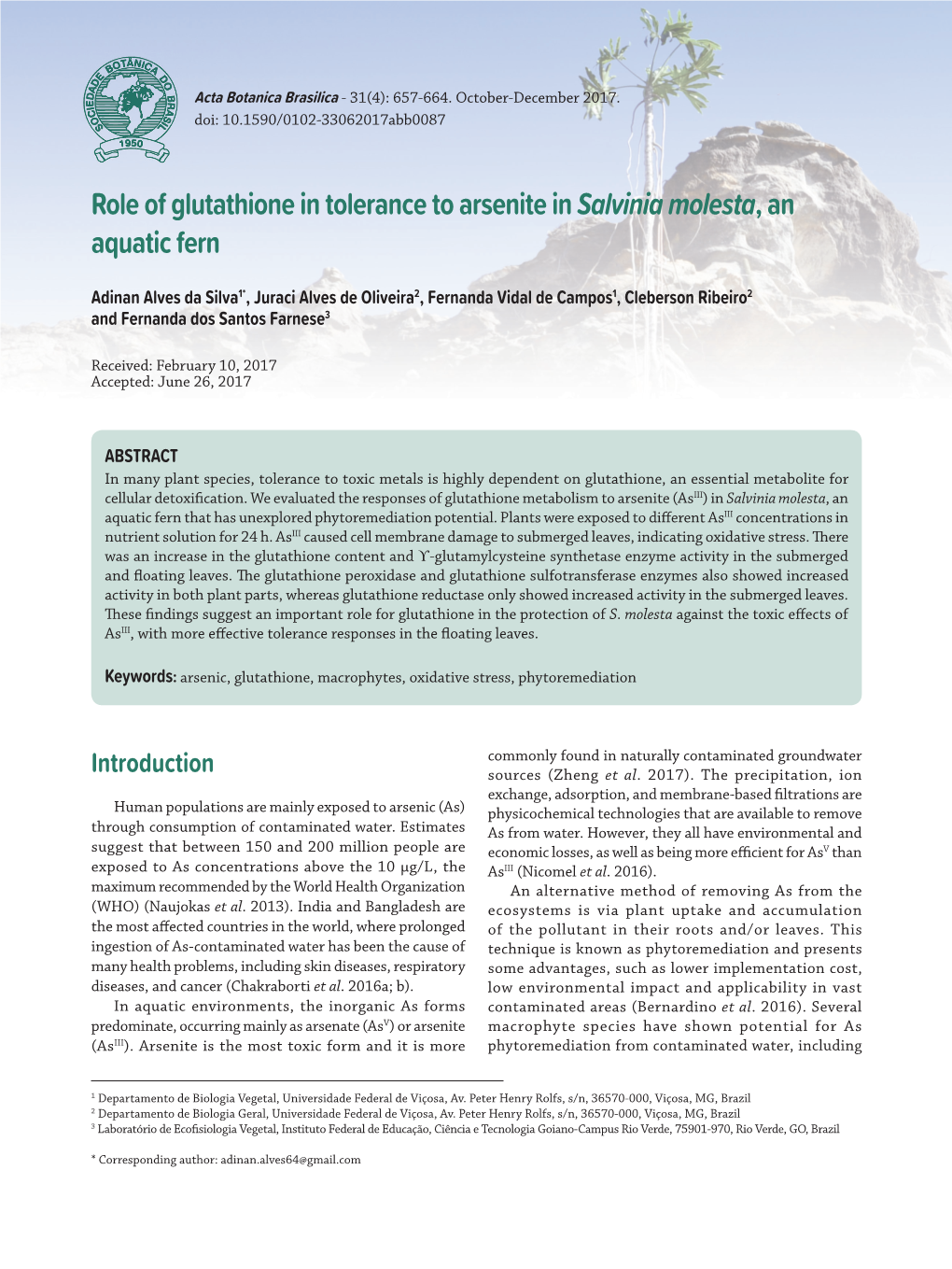 Role of Glutathione in Tolerance to Arsenite in Salvinia Molesta, an Aquatic Fern