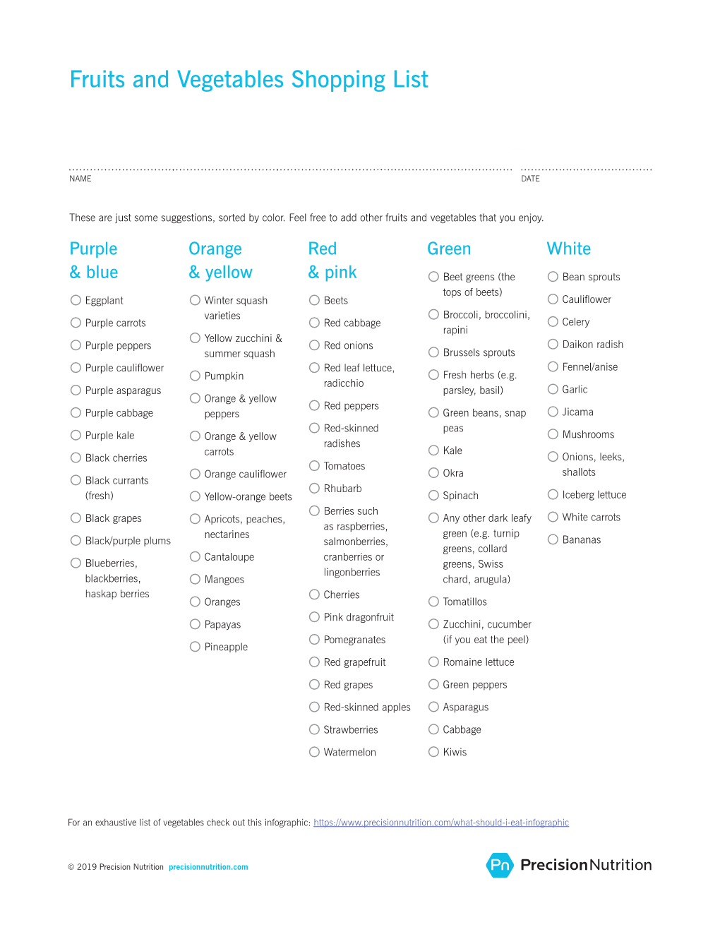 Fruits and Vegetables Shopping List