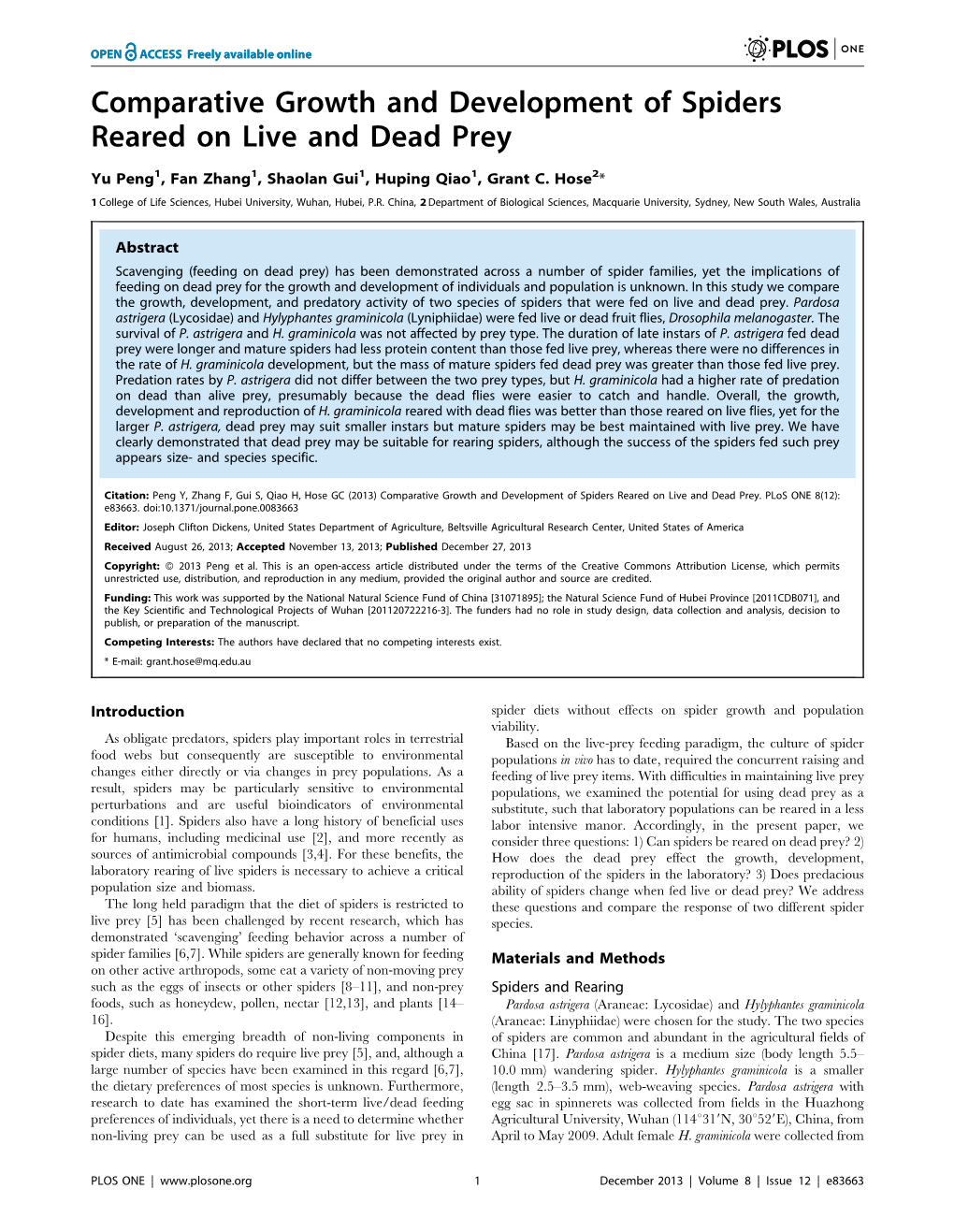 Comparative Growth and Development of Spiders Reared on Live and Dead Prey