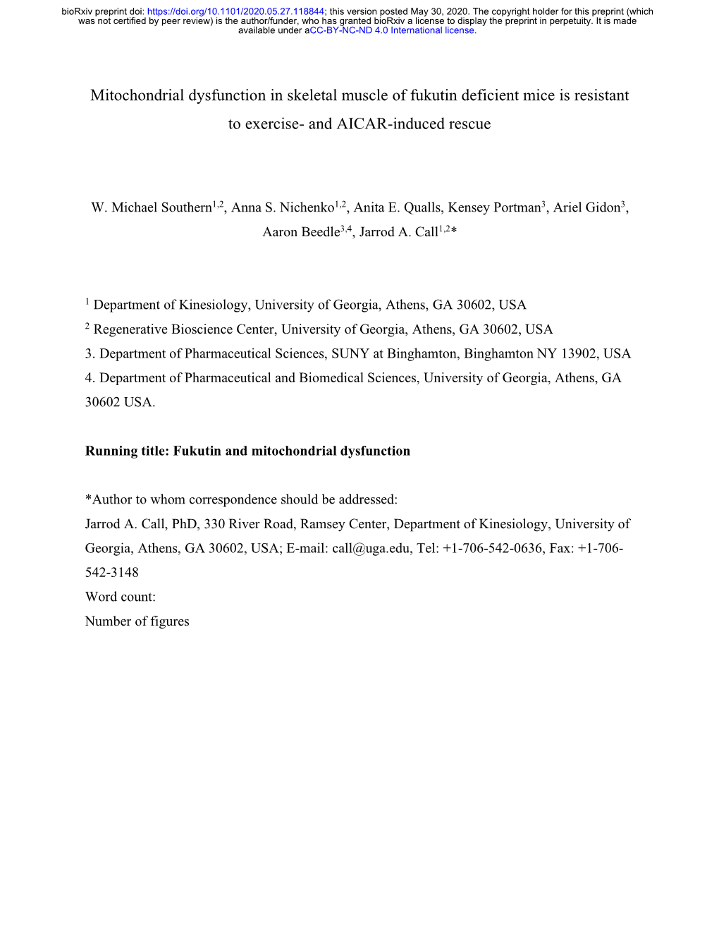 Mitochondrial Dysfunction in Skeletal Muscle of Fukutin Deficient Mice Is Resistant to Exercise- and AICAR-Induced Rescue