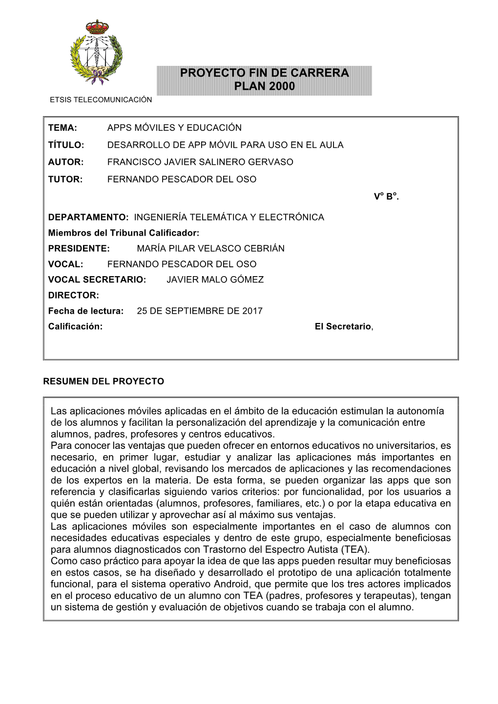 Proyecto Fin De Carrera Plan 2000 Etsis Telecomunicación