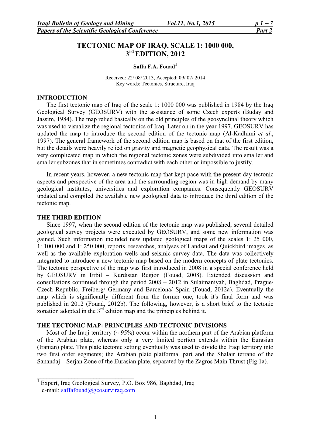 TECTONIC MAP of IRAQ, SCALE 1: 1000 000, 3Rd EDITION, 2012