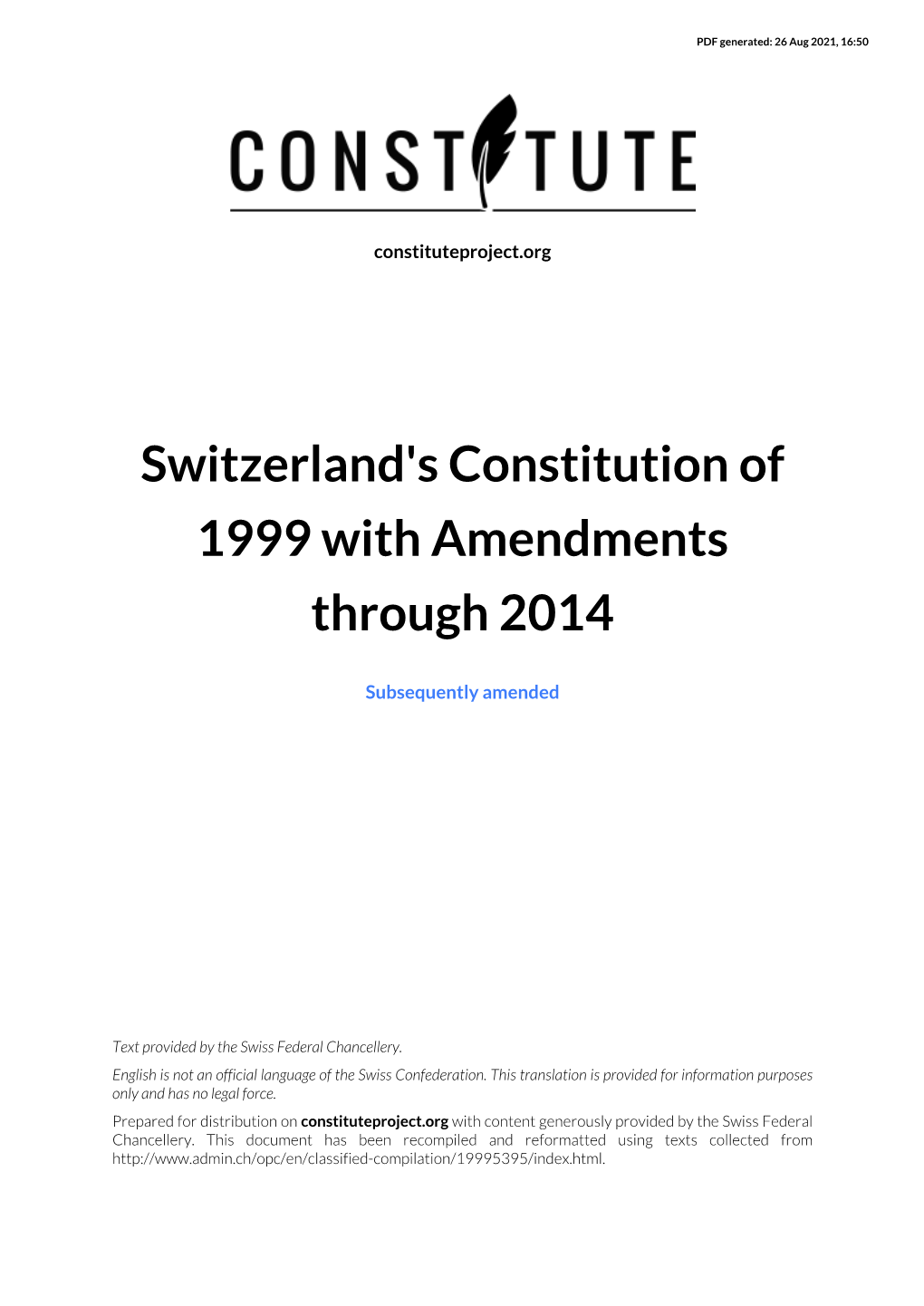 Switzerland's Constitution of 1999 with Amendments Through 2014