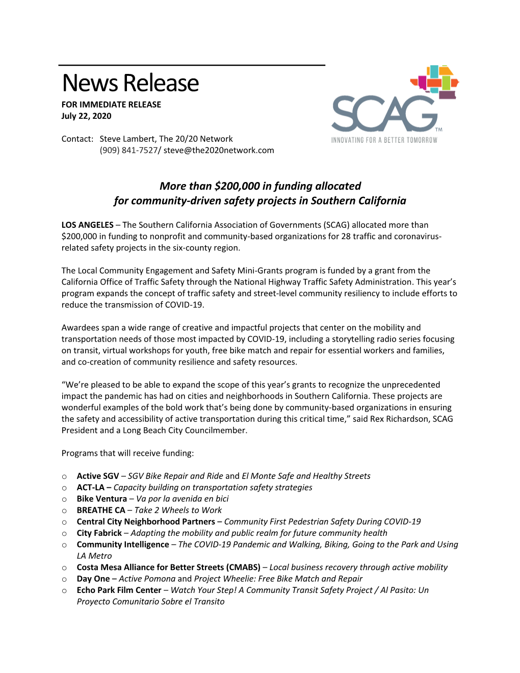 News Release for IMMEDIATE RELEASE July 22, 2020