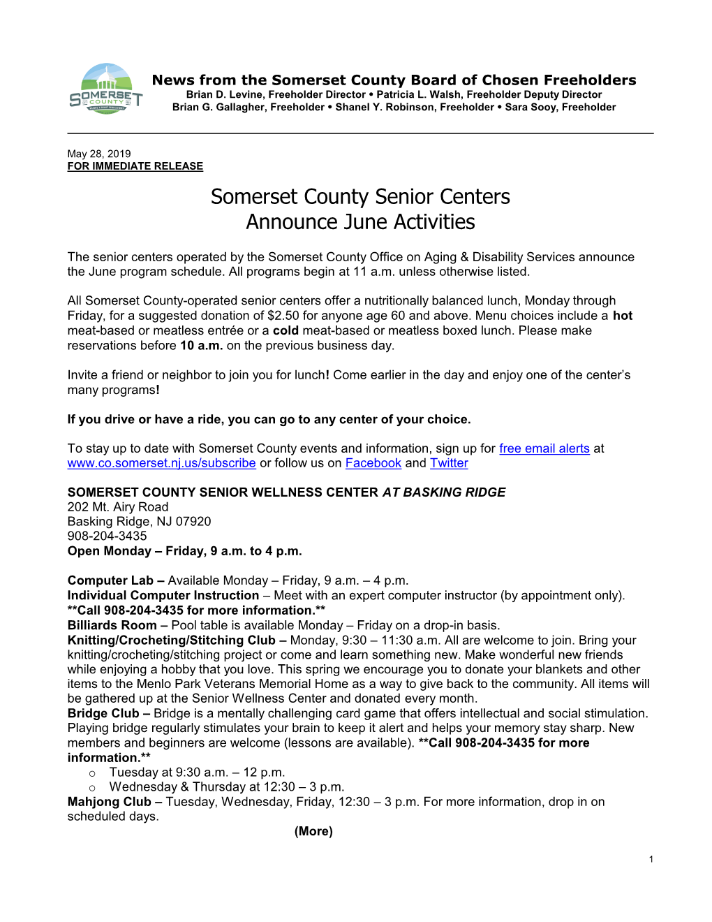 June Senior Center Programs