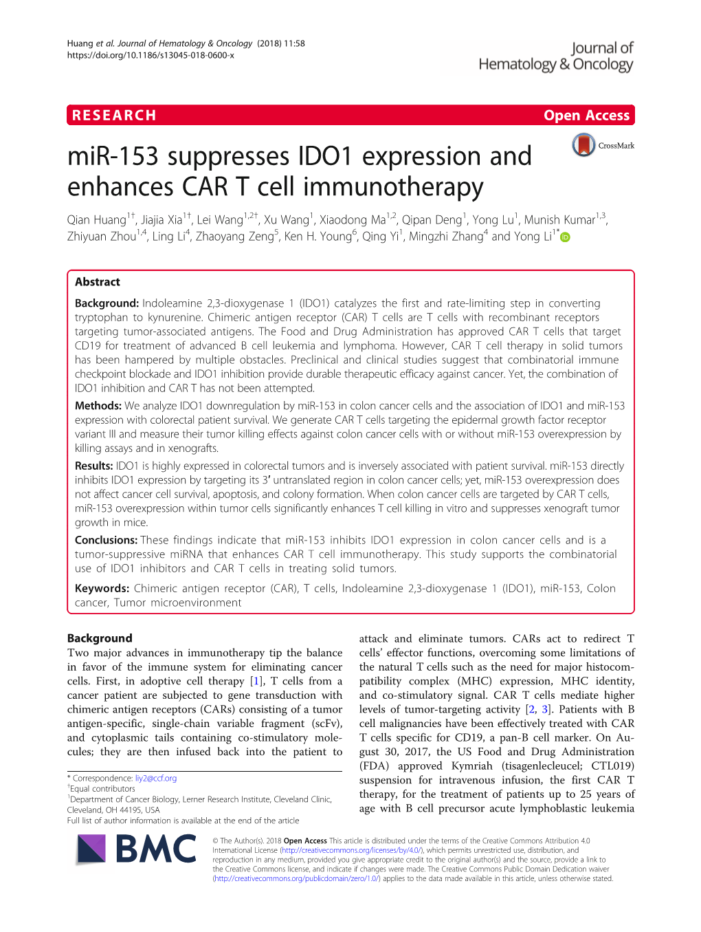 Mir-153 Suppresses IDO1 Expression and Enhances CAR T Cell