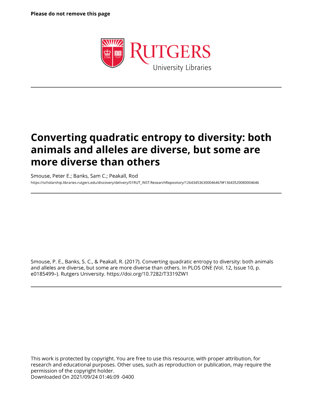 Converting Quadratic Entropy to Diversity: Both Animals and Alleles Are Diverse, but Some Are More Diverse Than Others