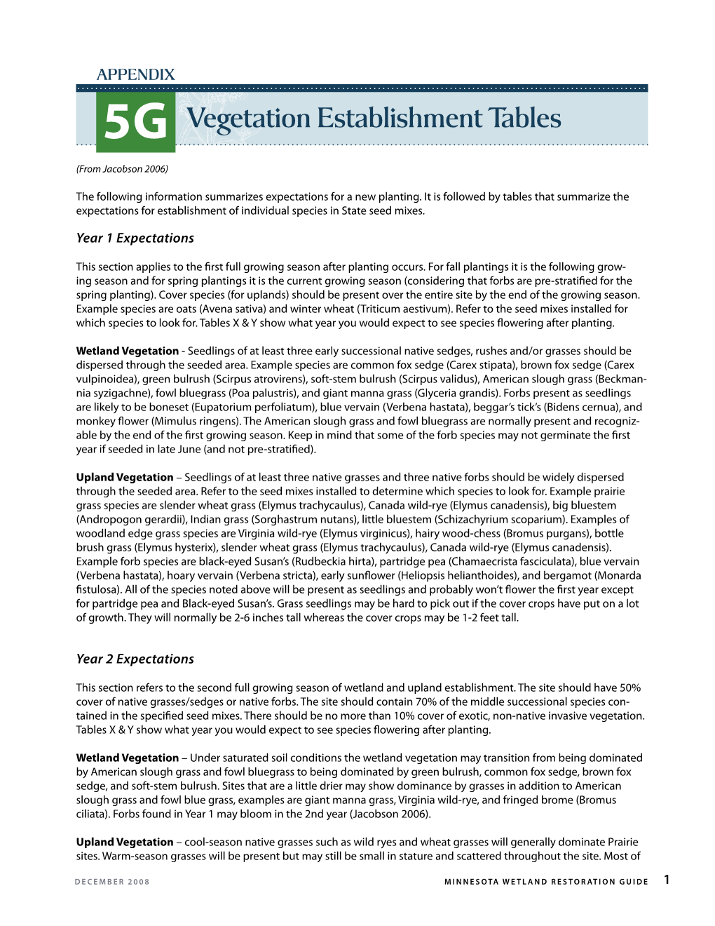 5-G Vegetation Establishment Tables