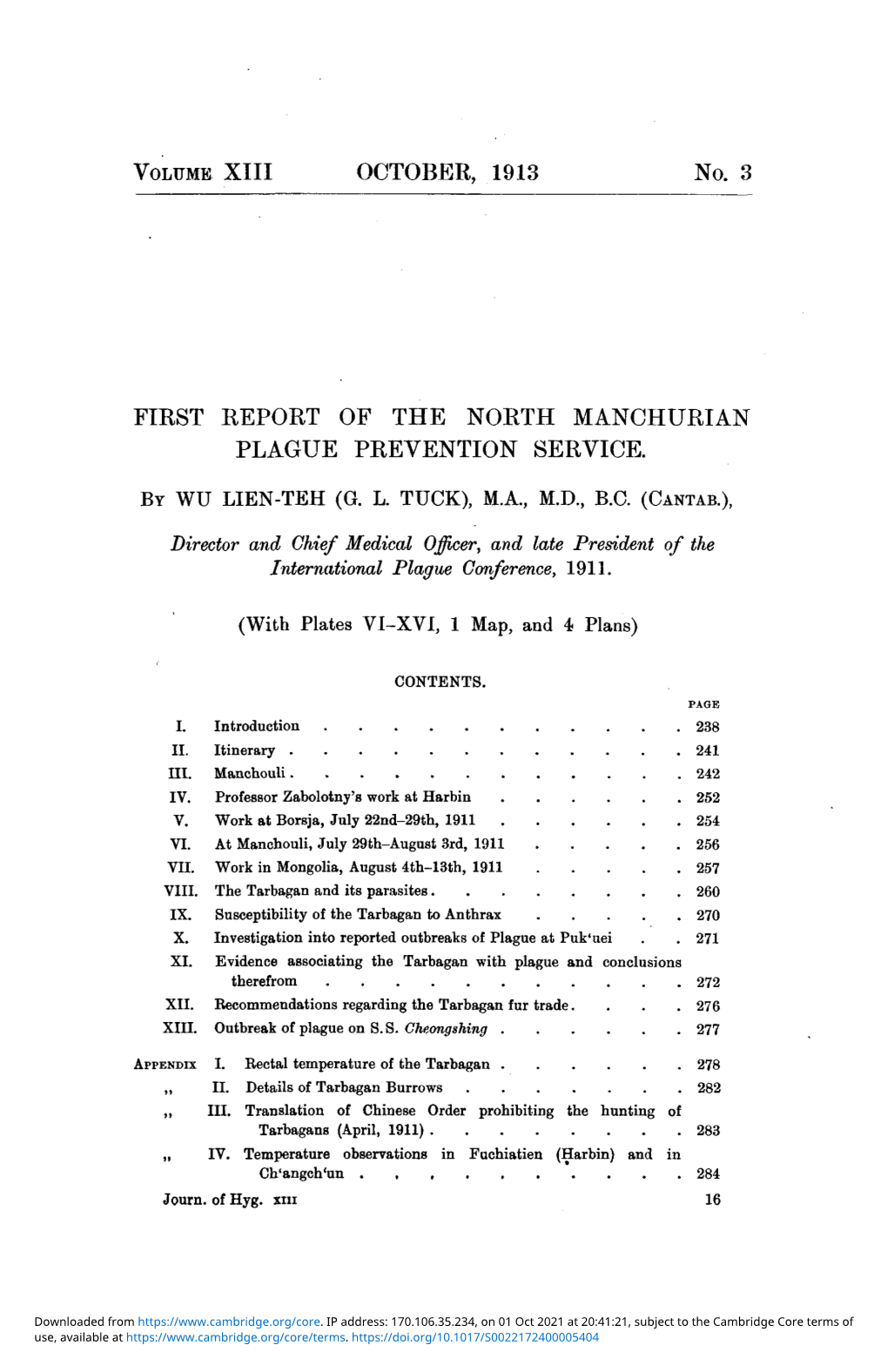 First Report of the North Manchurian Plague Prevention Service