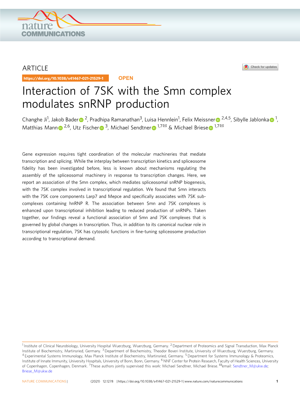 Interaction of 7SK with the Smn Complex Modulates Snrnp Production