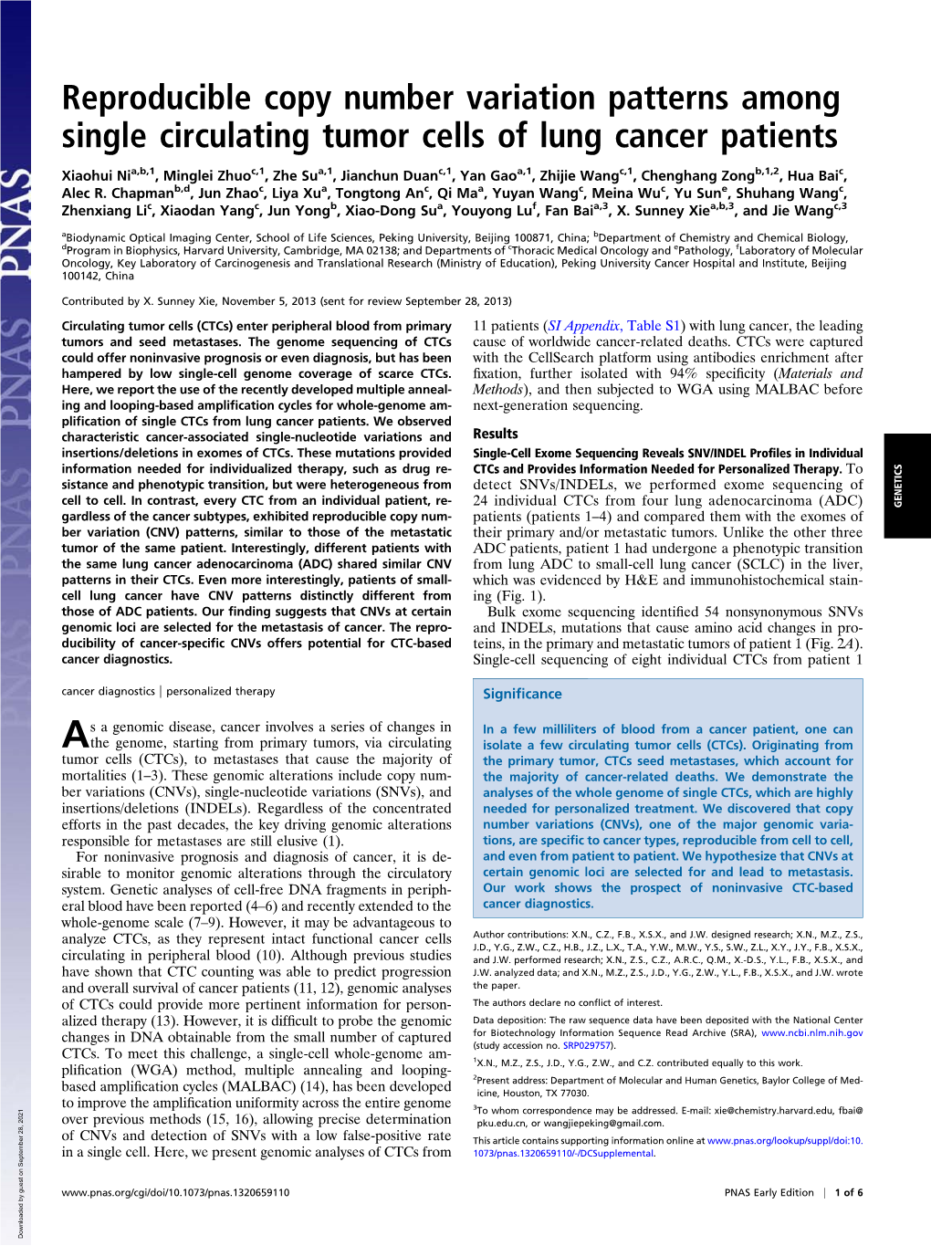 Reproducible Copy Number Variation Patterns Among Single Circulating Tumor Cells of Lung Cancer Patients