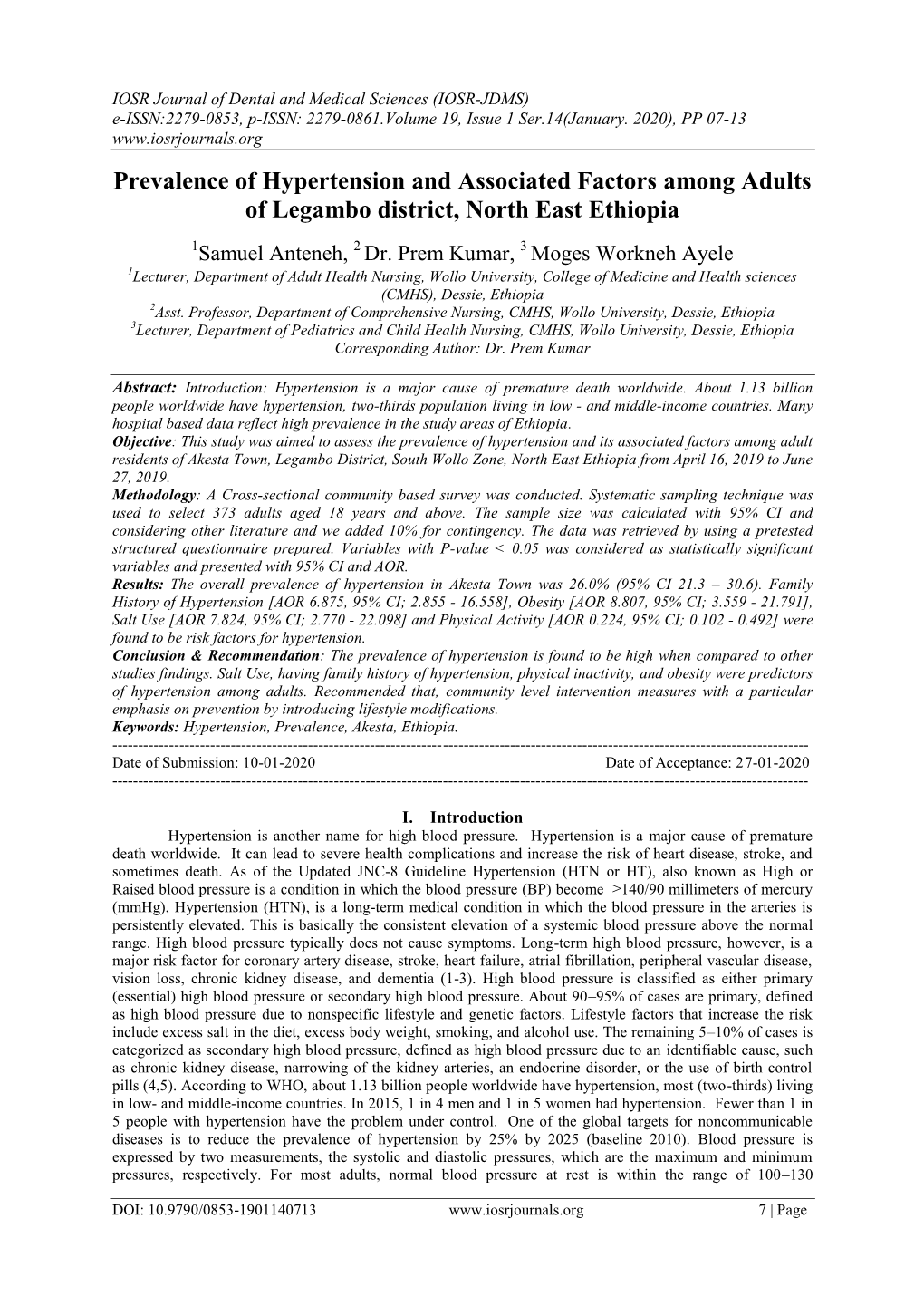 Prevalence of Hypertension and Associated Factors Among Adults of Legambo District, North East Ethiopia